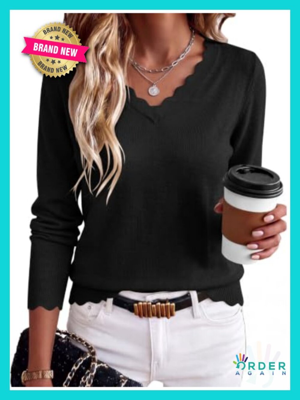 Lightweight Loose Fit Scalloped V Neck Pullover Sweater for Fall Office Travel